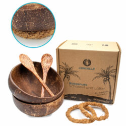 Chinchilla Geschenkset Kokosnussschüssel 2er Set inkl. 2 Löffel und 2 Schüsselhalter aus Kokosnussfaser 2stück