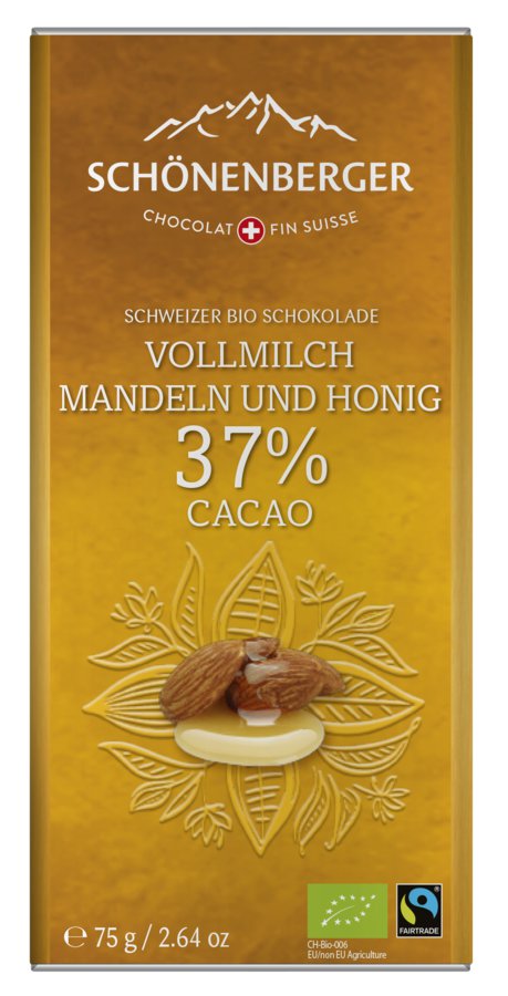 Chocolat Schönenberger Schweizer Bio Schokolade, Vollmilch Mandeln und Honig, 37 % Cacao, Tafel 12 x 75g