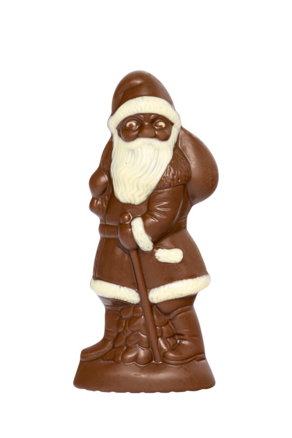 Chocolat Schönenberger Weihnachtsmann schreitend, helle Kakaomasse weiss geschminkt, VEGAN 12 x 70g