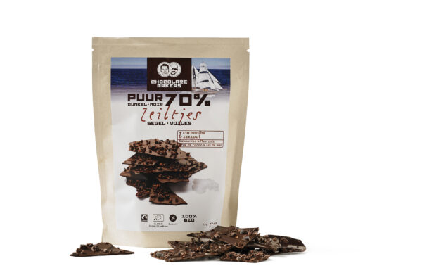 Chocolatemakers Bio Fairtrade Schokosegel dunkel 70% mit Kakaonibs und Meersalz 8 x 100g