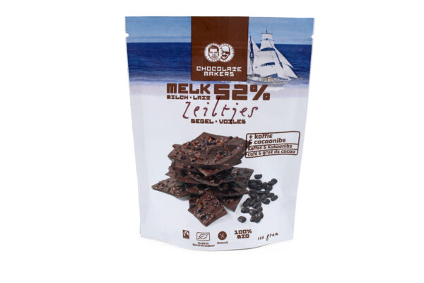 Chocolatemakers Bio Fairtrade Schocosegel dunkel Milch 52% mit Kaffee und Nibs 12 x 100g