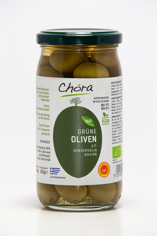 Chora Frische Bio Grüne Oliven g.U Konservolia Rovion 12 Monate gereift 6 x 210,0kg