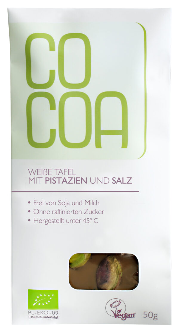 Cocoa Weiße Tafel mit Pistazien und Salz 50g