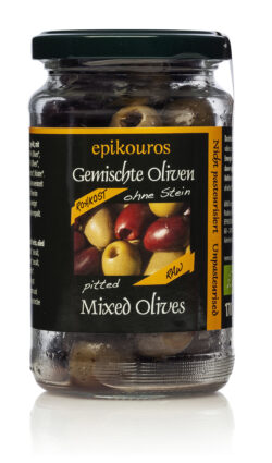 EPIKOUROS Gemischte Oliven grün und Kalamata entsteint, mit Kräutern und geölt, Rohkost, nicht kühlpflichtig 6 x 170g