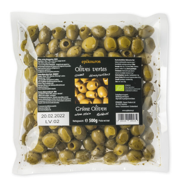 EPIKOUROS Grüne Oliven entsteint, mit Kräutern und geölt, Rohkost, nicht kühlpflichtig 2 x 500g
