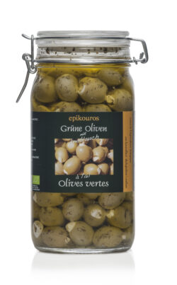 EPIKOUROS Grüne Oliven gefüllt mit Knoblauch, in Kräuteröl, kaltverarbeitet 1,5kg