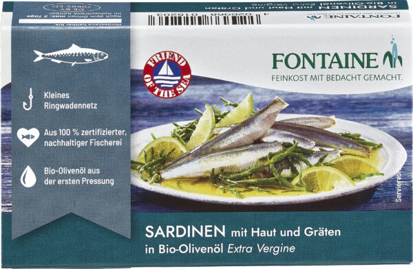 Fontaine Sardinen mit Haut und Gräten in Bio-Olivenöl 10 x 120g