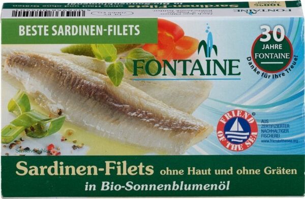 Fontaine Sardinen ohne Haut und Gräten in Bio-Sonnenblumenöl 120g