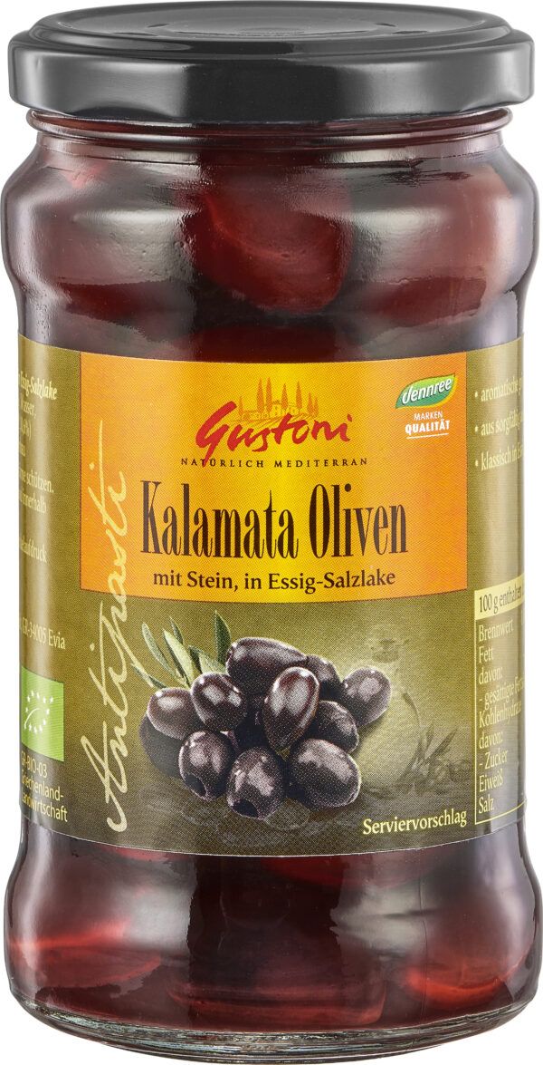 Gustoni Kalamata-Oliven mit Stein, in Essig-Salzlake 180g