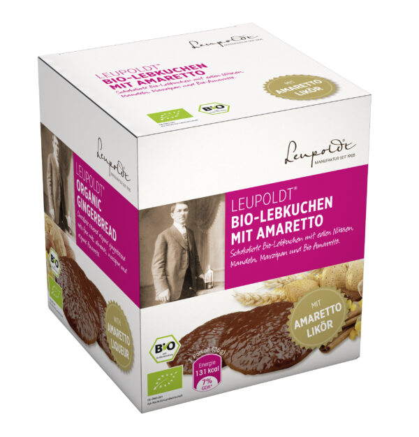 Leupoldt Feine Bio-Oblatenlebkuchen mit 17% Amaretto (20% vol.). Überzogen mit 14% edelherber Schokolade 8 x 175g