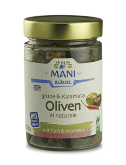 MANI® MANI Grüne & Kalamata Oliven al naturale, Chili & Kräutern, bio, NL Fair, 205g 6 x 2052
