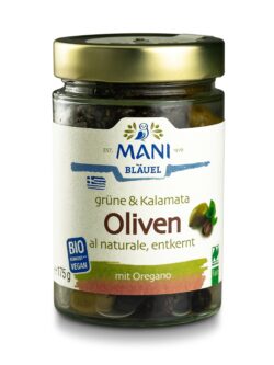 MANI® MANI Grüne & Kalamata Oliven al naturale, entkernt, bio, NL Fair 6 x 175g