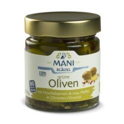 MANI® MANI Grüne Oliven mit Fenchelsamen und rosa Pfeffer in Zitronen-Olivenöl, bio 6 x 185g
