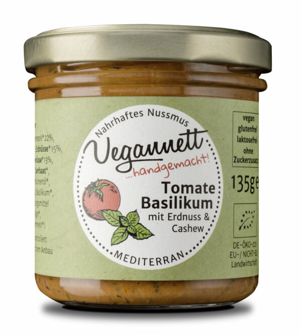 Vegannett Tomate-Basilikum Bioaufstrich mit 28% Cashew- und Erdnussmus 6 x 135g