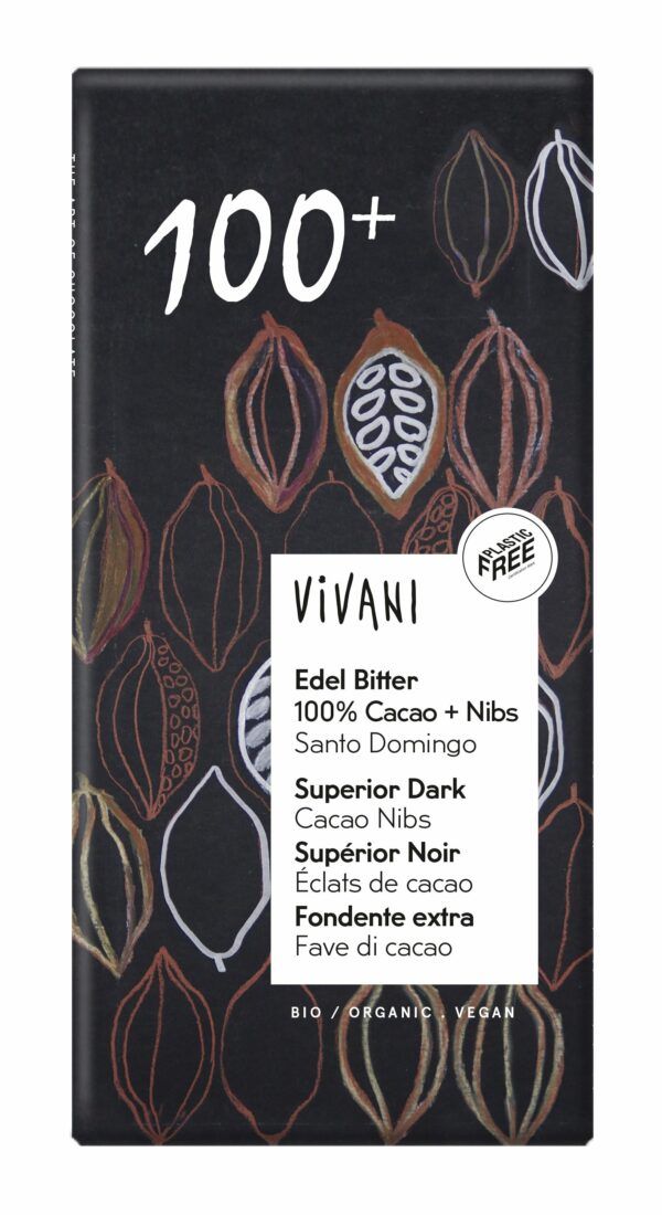 Vivani Edel Bitter 100% Cacao + Nibs, Santo Domingo 80g