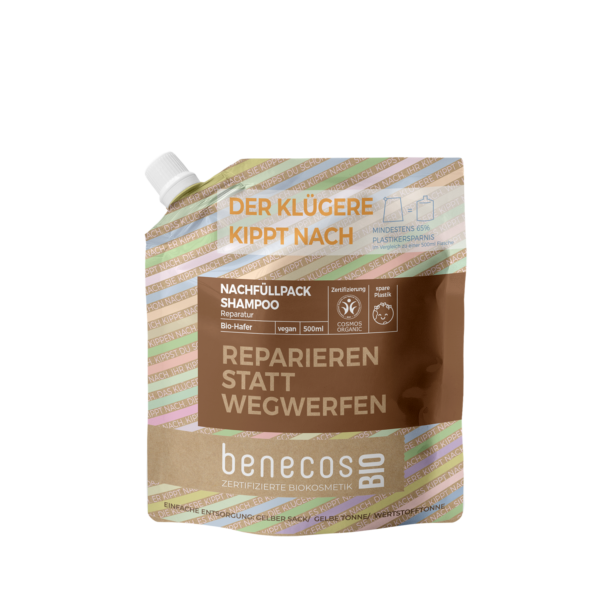 benecos BIO Nachfüllbeutel 500 ml Shampoo Reparatur BIO-Hafer - REPARIEREN STATT WEGWERFEN 500ml