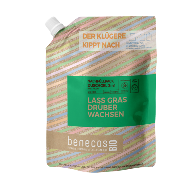 benecos BIO Nachfüllbeutel 1000 ml Duschgel 2in1 BIO-Hanf Haut & Haar - LASS GRAS DRÜBER WACHSEN 1000ml