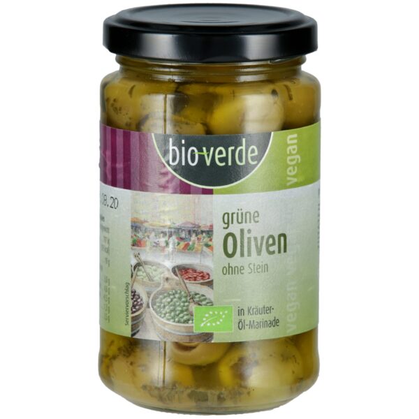 bio-verde Grüne Oliven ohne Stein mit frischen Kräutern in Öl-Marinade 6 x 200g