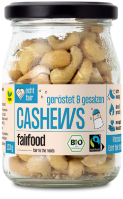 fairfood Freiburg Faire Cashews geröstet & gesalzen (133g, Pfandglas klein, Bio & Fairtrade) 6 x 133g