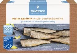 followfish Kieler Sprotten in Bio-Sonnenblumenöl, heiß geräuchert - aus nachhaltigem Wildfang 110g