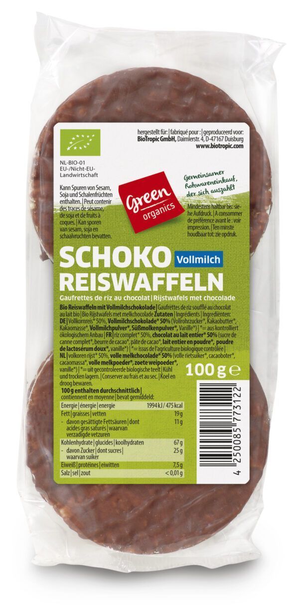 greenorganics Schoko Reiswaffeln Vollmilch 12 x 100g